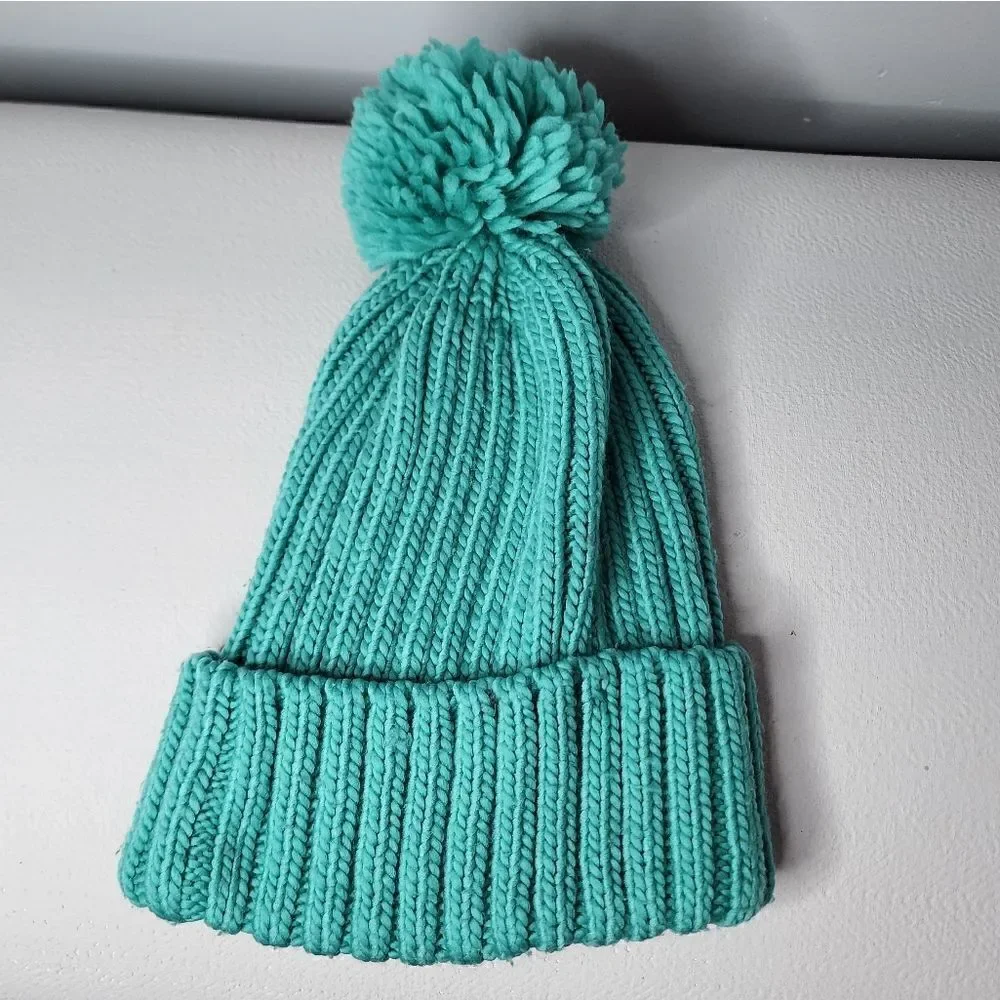 H&M Womens Beanie Toboggan Solid Mint Green One Size Pom Pom On Top